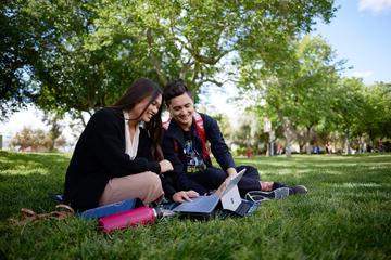 Two people sitting down at a grassy area, looking at a laptop